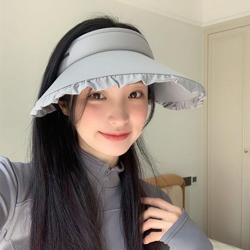 Summer Empty Top Hat for Women Ruffle Brim Solid Color Large Brim Sunscreen UV Protection Ponytail Cap Girls Travel Outdoor Hat