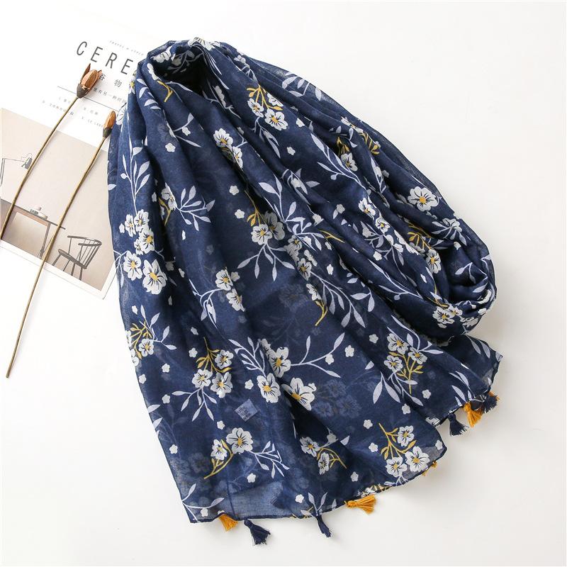 88*180cm Bohemia Flower Women Scarf Shawl Cotton Linen Feeling Tassel Pashmina Muslim Hijab Wrap Lady Viscose Scarf