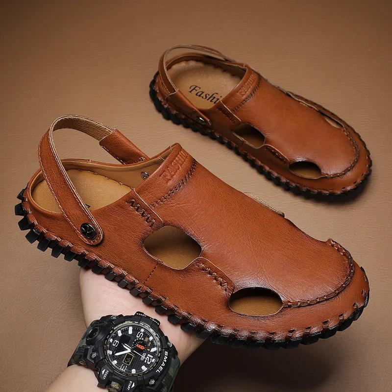 Модные мужские сандалии ручной работы в римском стиле, кожаные пляжные туфли для мужчин, дышащая летняя повседневная обувь для отдыха на открытом воздухе, мужские сандалии, шлепанцы
