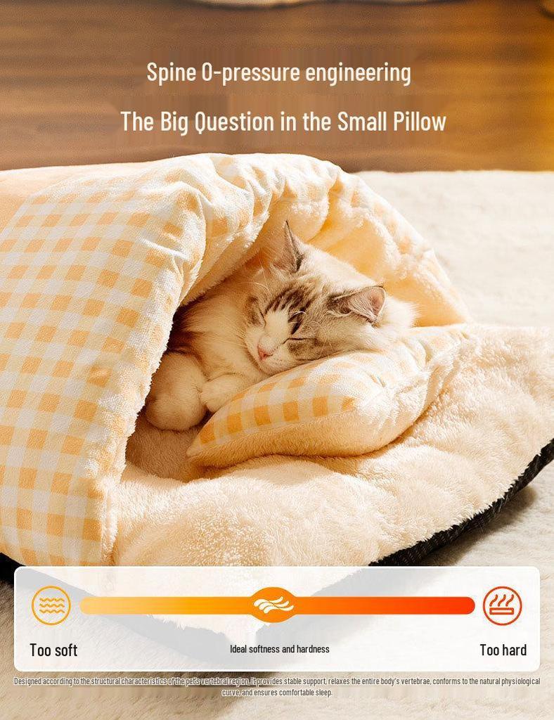 Уютная кровать для кошек и собак: Утолщенный милый спальный мешок для тепла осенью/зимой, закрытый матрас для питомца.