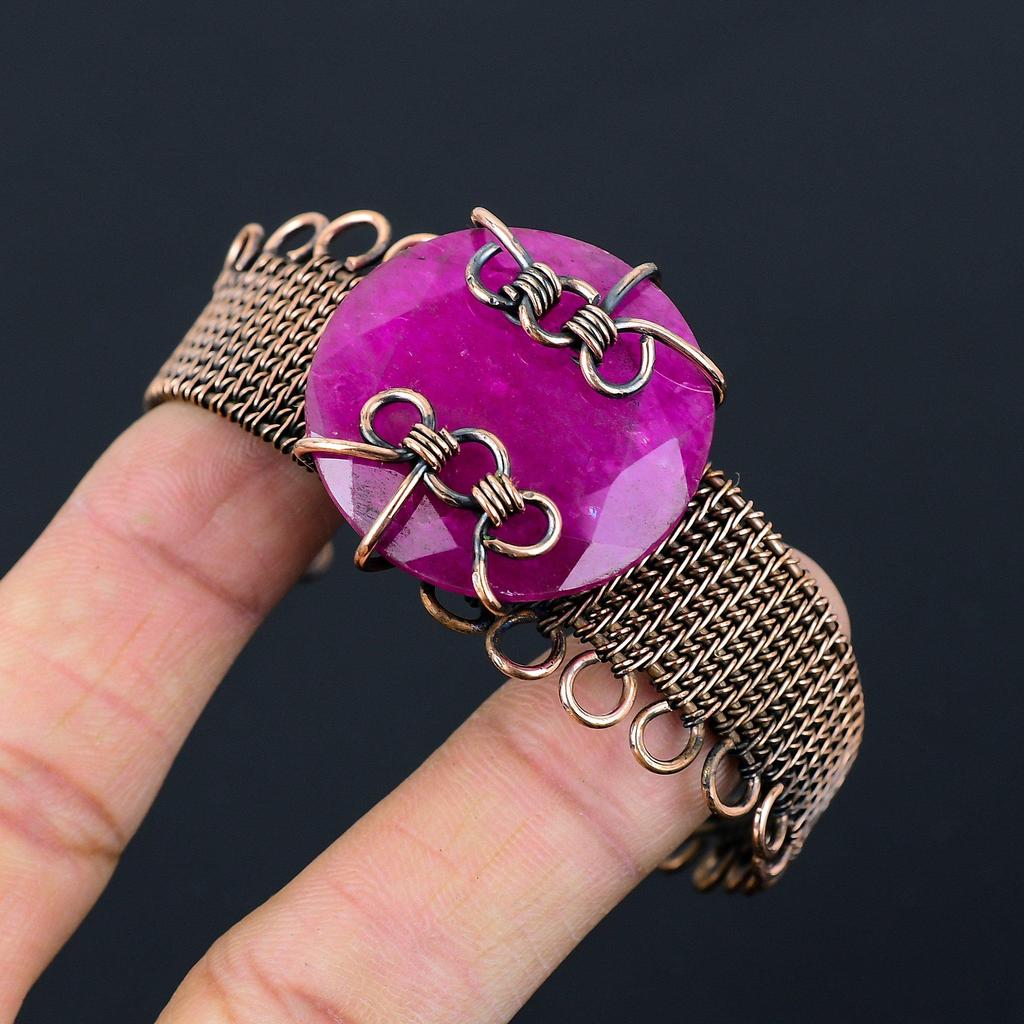 Amazing Red Ruby Gemstone Pure Copper Wire Wrapped Handmade Cuff/ Bangle Jewelry