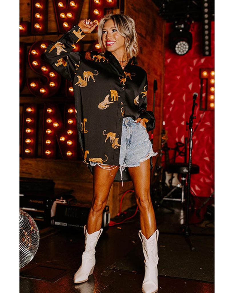 Azura Exchange Black Cheetah Animal Print Button Up Satin Shirt