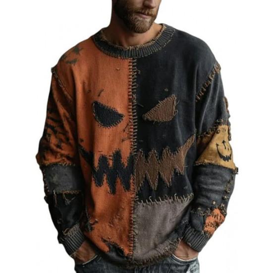 Хэллоуинский свитер с жутким лицом для женщин, трикотажный топ с принтом пэчворк, с длинным рукавом и круглым вырезом, с прострочкой, осенний наряд