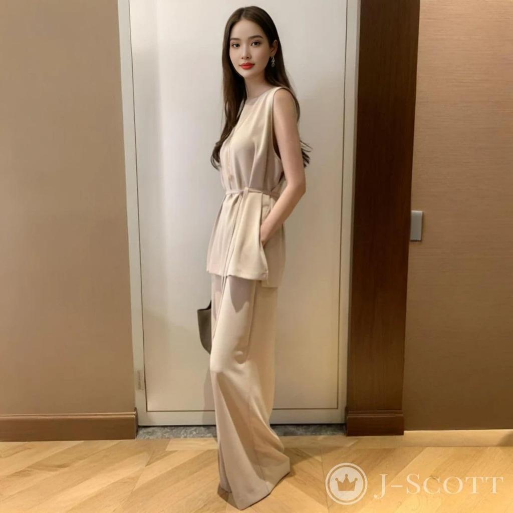 J-Scott Women's Sleeveless Wide-leg Pants Set, High-Waisted, Beautiful Silhouette, Chic, Beige, JS171-BG-M