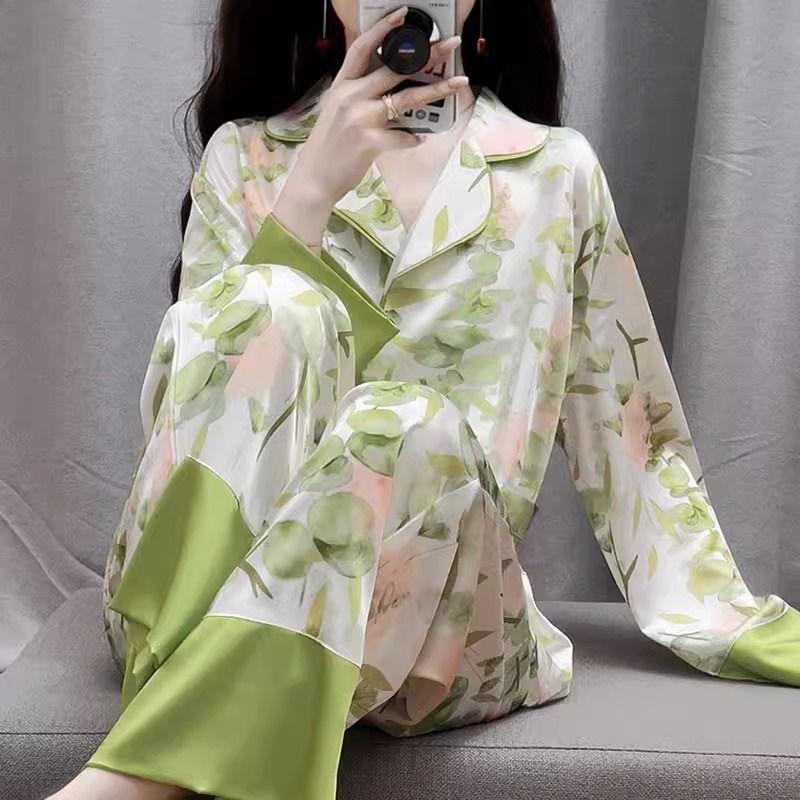 Шелковая пижама женская кардиган с длинными рукавами и длинными штанами пижамный комплект с принтом Kawaii Одежда Домашняя одежда