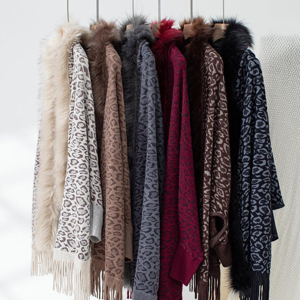 Autumn/Winter Leopard Print Fur Collar Batwing Sleeve Cardigan for Women