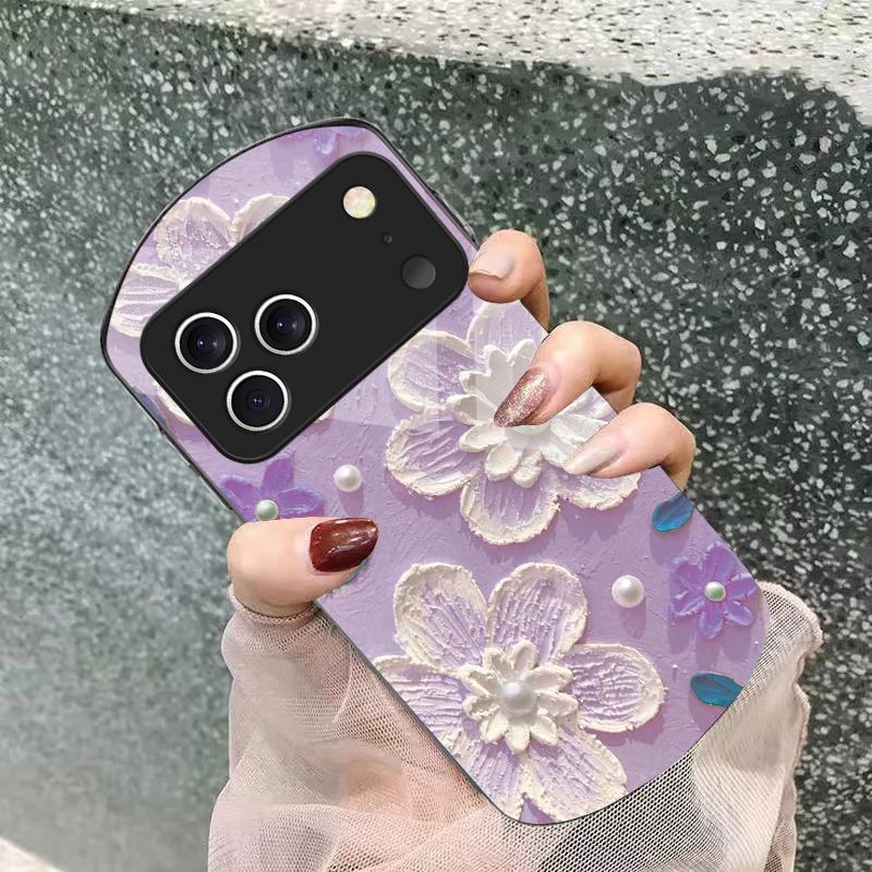 Крем-белый с лепестками Для iPhone 17 Air 16 15 14 Pro 13 Plus 12 mini 11 Pro Max XR X 7 8 Эллиптический закаленный стеклянный чехол для телефона