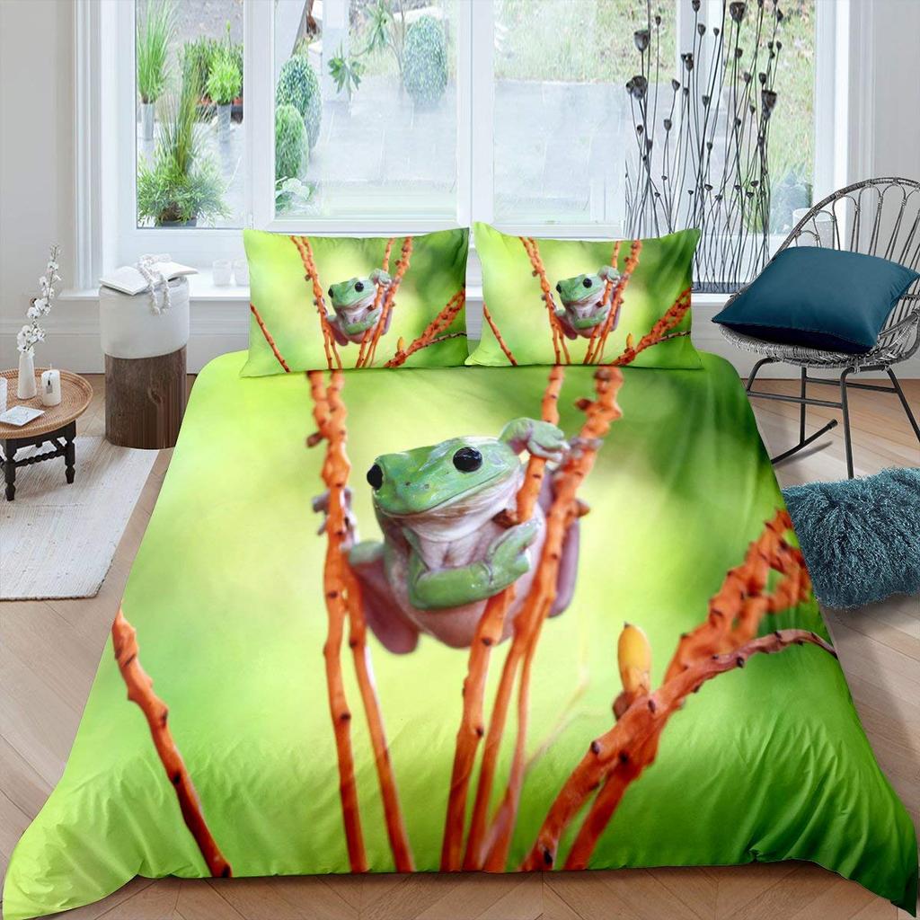 3D Frog Family King Queen Пододеяльник Маленький древесный лягушонок Комплект постельного белья Тропическая природа Животное Пододеяльник Полиэстеровый чехол