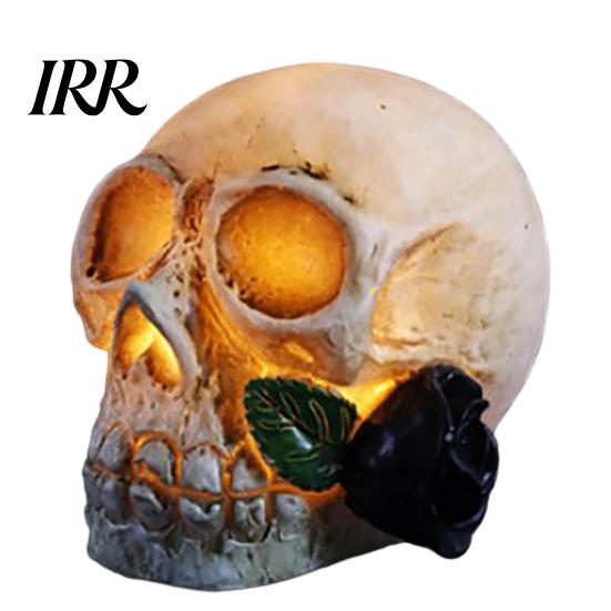 Spooky Skull Lamp Gothic Light Up Rose Flower Figurine, Day of Dead Resin Halloween Decor Statue, Skeleton Head for Desk Home