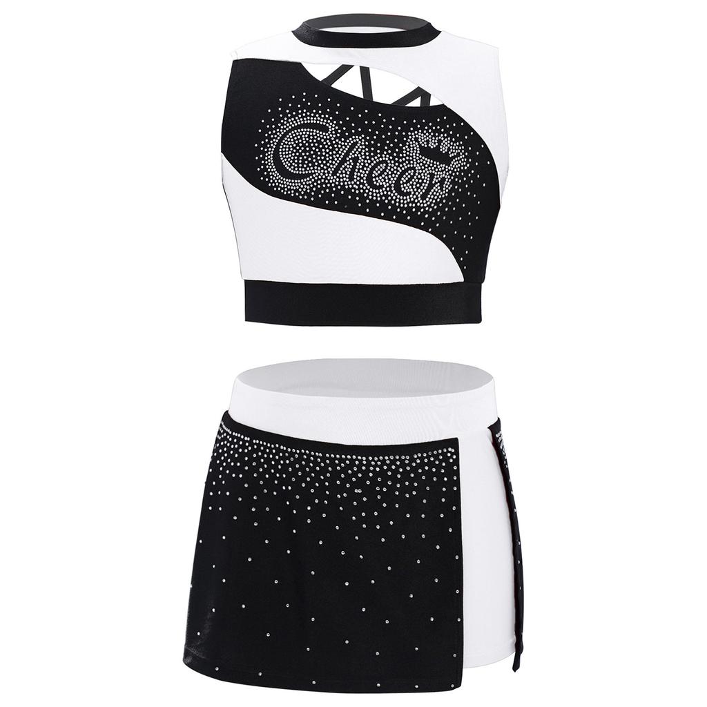 Комплект танцевального кроп-топа и юбки для девочек, без рукавов, дизайн со стразами, боковой разрез, костюм для чирлидинга