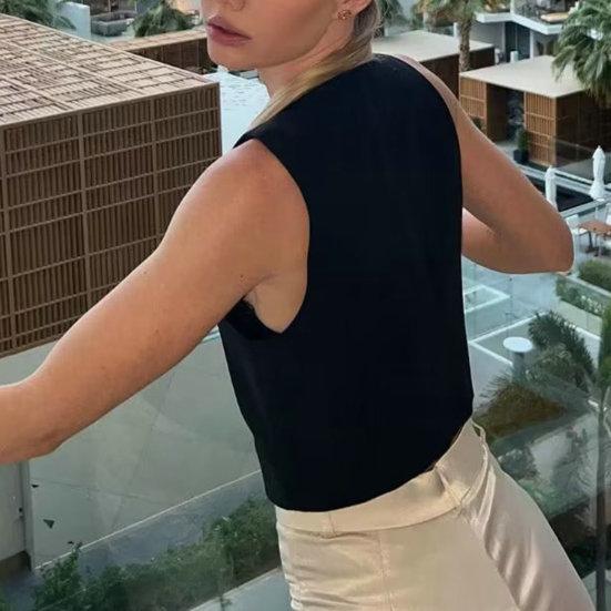 Летний женский жилет без рукавов с v-образным вырезом, однобортный, с маленькими карманами, облегающий однотонный укороченный жилет, пальто, рабочая одежда