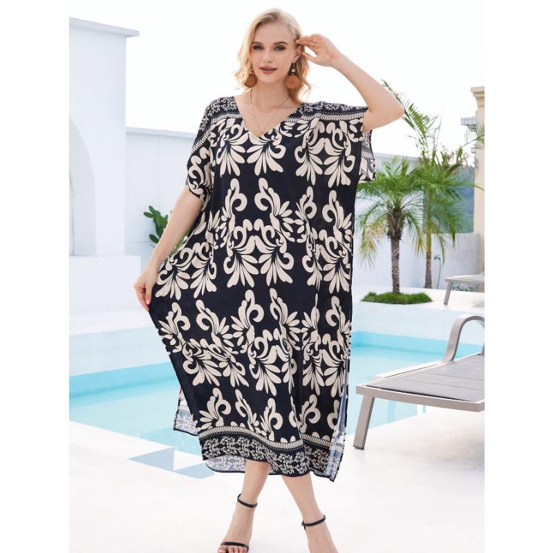 Плюс Размер Женщин Пляжный Принт Свободное Платье Накидка