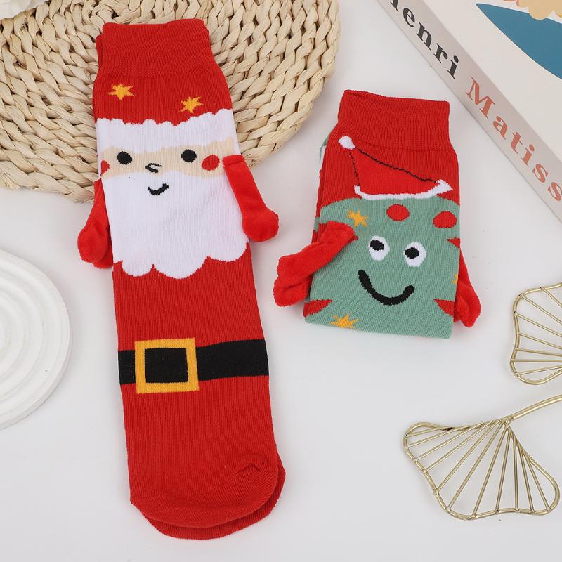 1 пара хлопковых чулок Санта Клауса и Рождественской елки, Рождественские магнитные носки, держащиеся за руки, Унисекс, Длинные носки, держащиеся за руки
