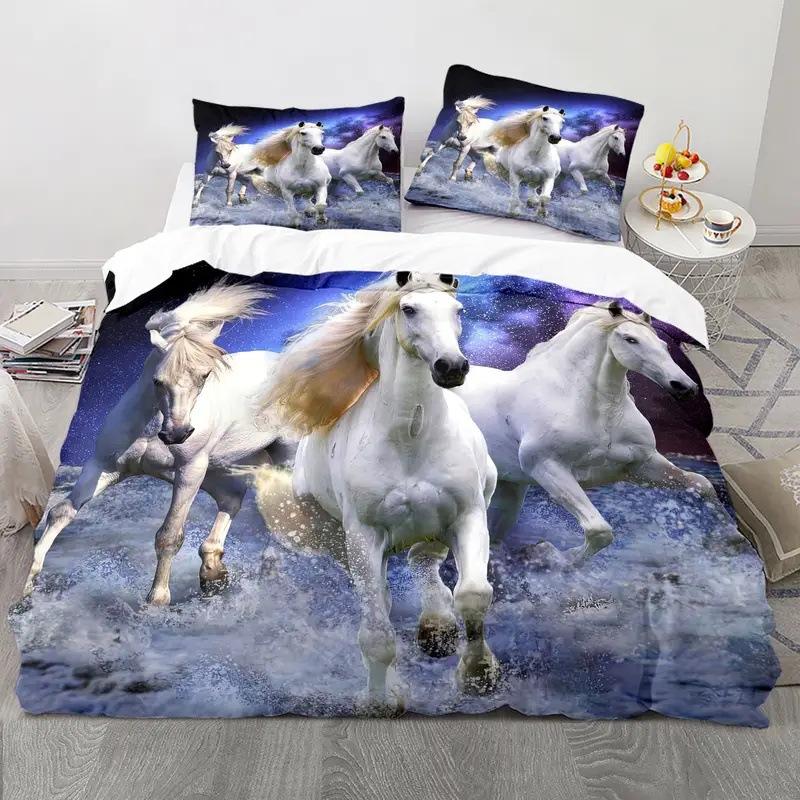 Белый конь Пуховое одеяло Набор Одеяло с принтом животных Удобное постельное белье Набор из трех предметов