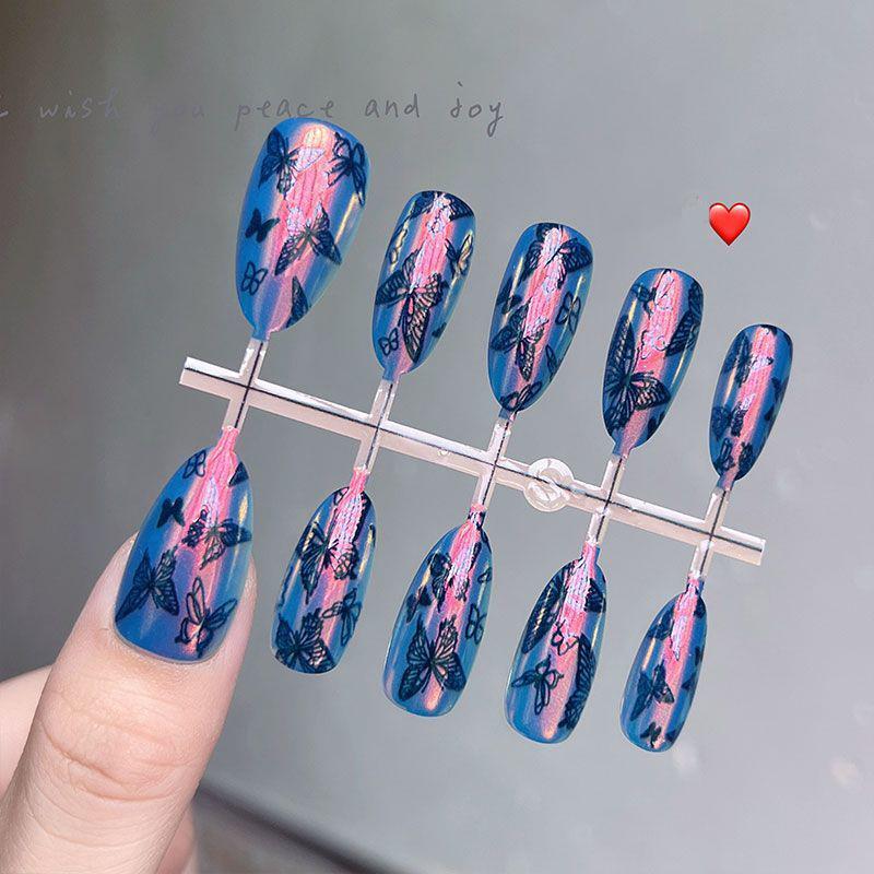 10pcs Blue Butterfly French Almond Press On Nails Reusable Full Coverage Fake Nail Tips For Women Nail Art