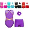 Kids Girls Dance Gymnastics Leotard Sleeveless Rhinestones Decor Bodysuit with Shorts Hair Tie