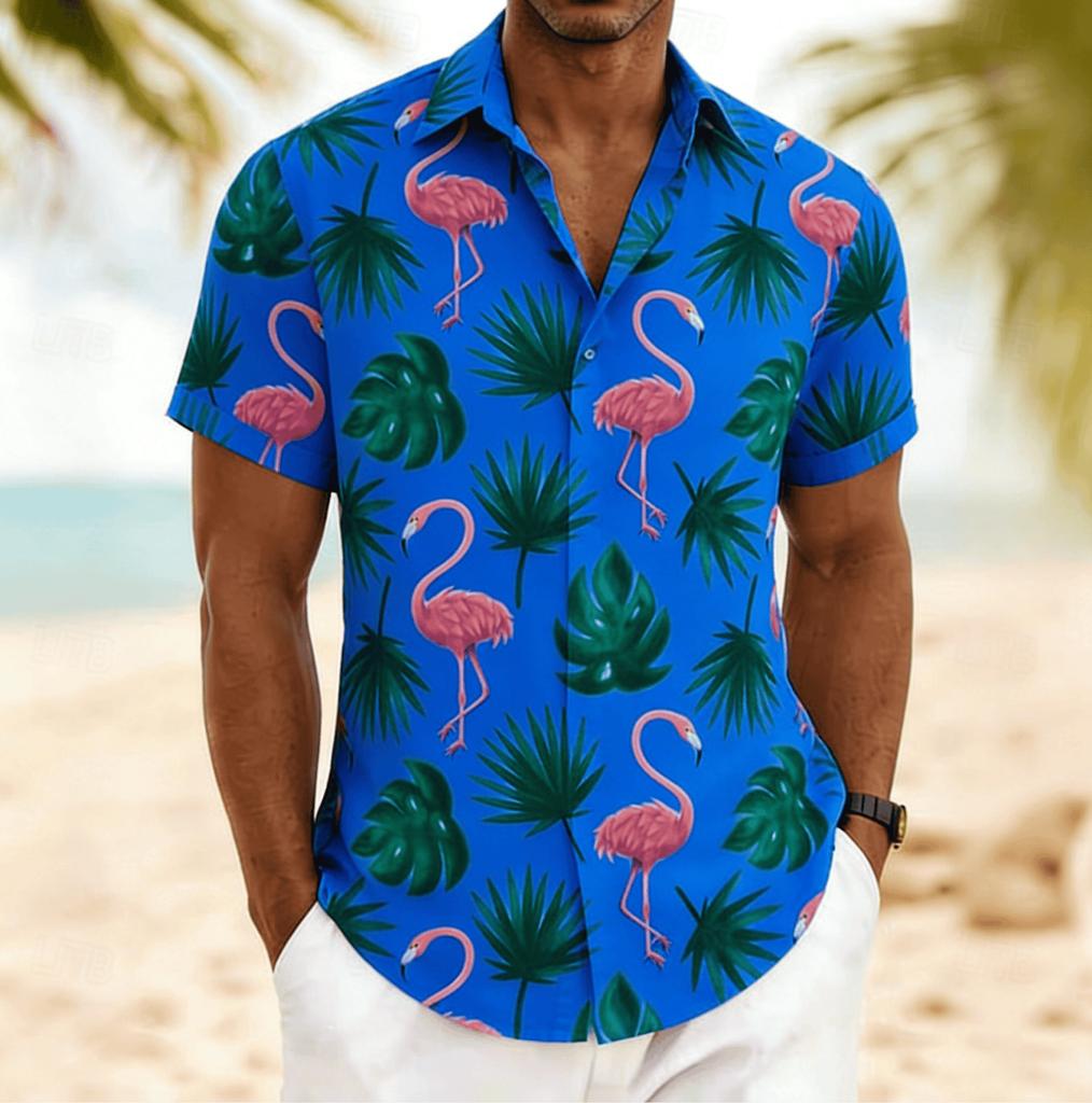 Men's Flamingo Tropical Monstera Palm Leaf Print Short Sleeve Shirt, Spring Summer Hawaiian Vacation Blouse, Loose Casual Top