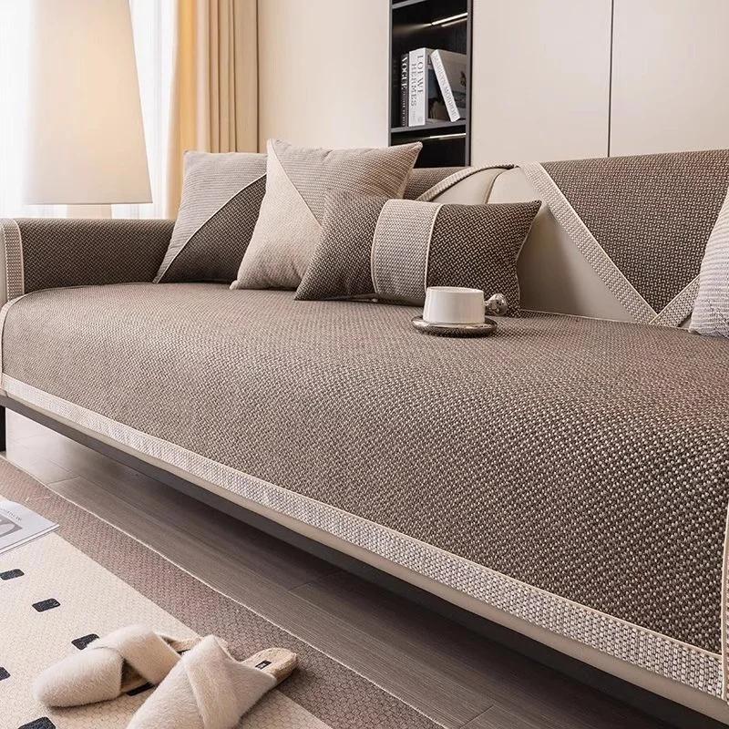 1pc Cotton Line Sofa Cover Solid Color Non-slip Couch Cushion Four Seasons Universal Sofa Mat Simple Sofa Slipcover Living Room