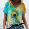 Summer V Neck Women T-Shirts Peacock Feather Graphic Fashion Short Sleeve Harajuku Y2k Top Oversized Casual Female T Shirt