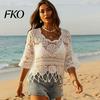 Spring Autumn Layering Top Women Crochet Tops, Round Neck 3/4 Flared Sleeves Cover Up, Hollow Lightweight Knit Blouse Sun Protection