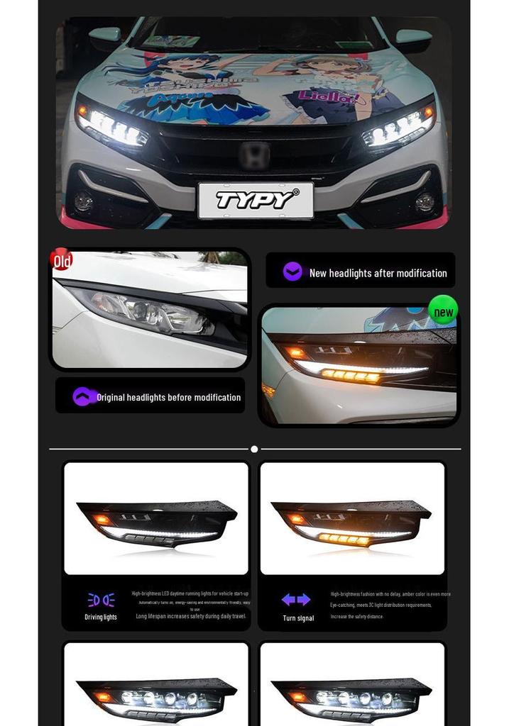 Светодиодная проекторная фара в стиле RS для Civic 10-го поколения с ДХО и последовательными поворотниками