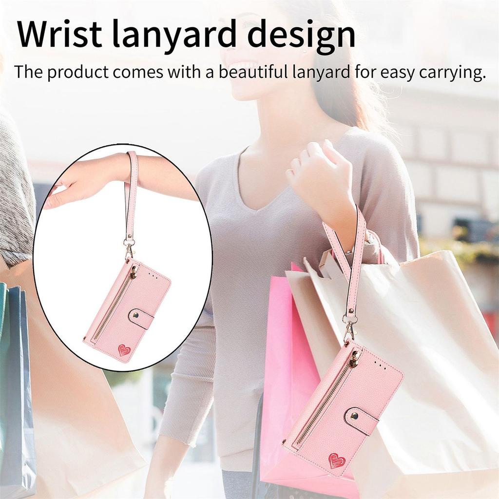 Leather Wallet Flip Case for XiaoMi Poco F8 F7 F6 F5 Ultra Pro Phone Cover Zipper Pocket, Wrist Strap, Heart Emblem, Kickstand