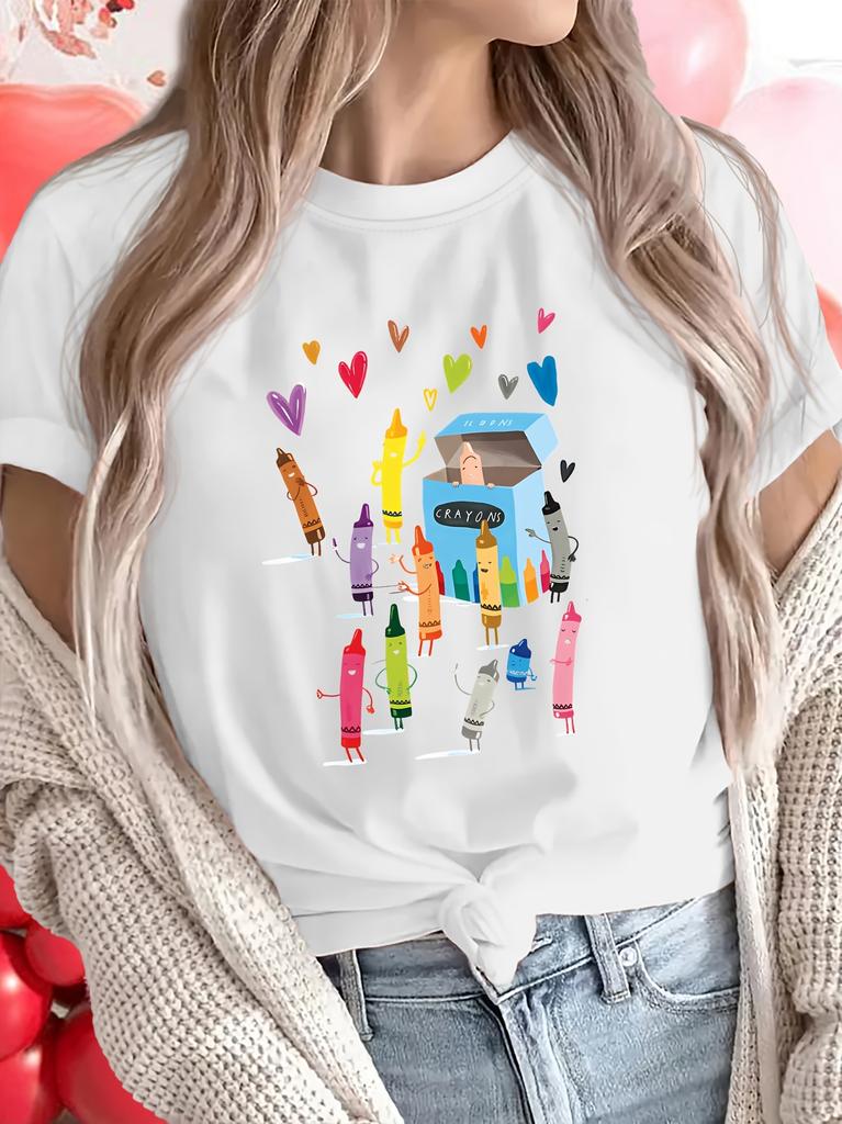 Womens Personalized Tshirt Crayon Love Fun Printed Round Neck Casual Fashion Womens Daily Top
