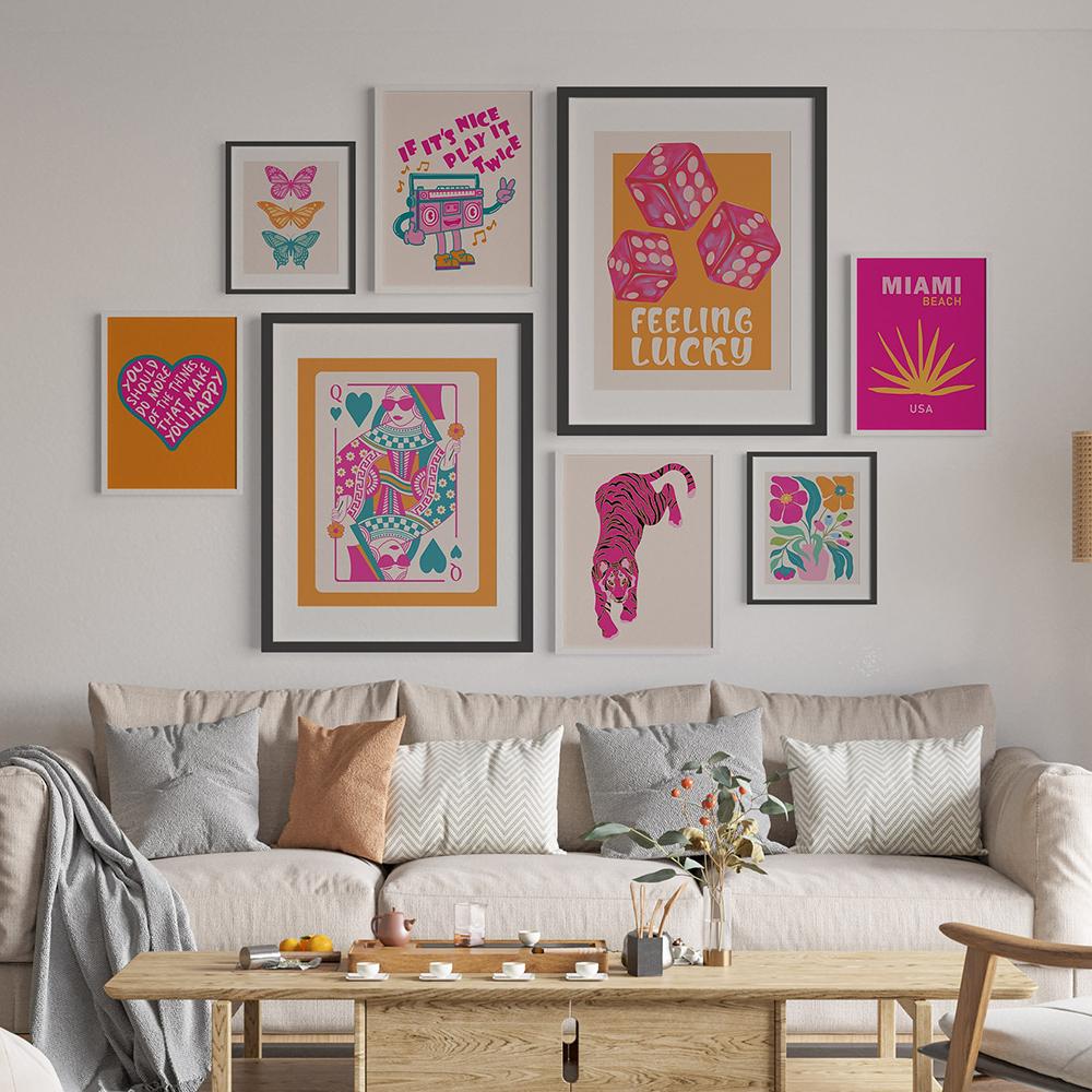 Preppy Wall Art Set Of Pink Orange Teal Teen Girl Room Maximalist Poster and Print Dopamine Decor Quirky Dorm