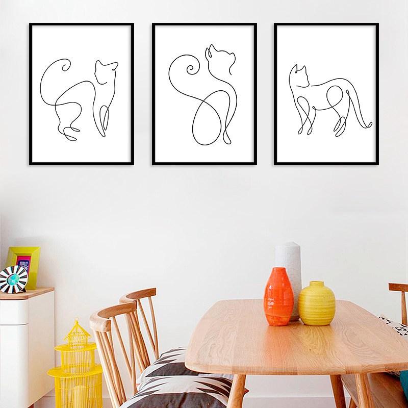 Nordic Minimalist Black and White Line Cat Animal Canvas Painting Home Decoration Hanging Painting Frameless Wall Art Kitchen No Frame