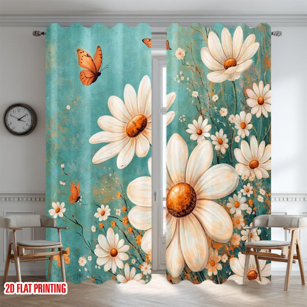 2D flat printing 2pcs Curtain Party Window Curtains Spring Daisies and Butterflies Digital Printed Polyester Drapes Birthday