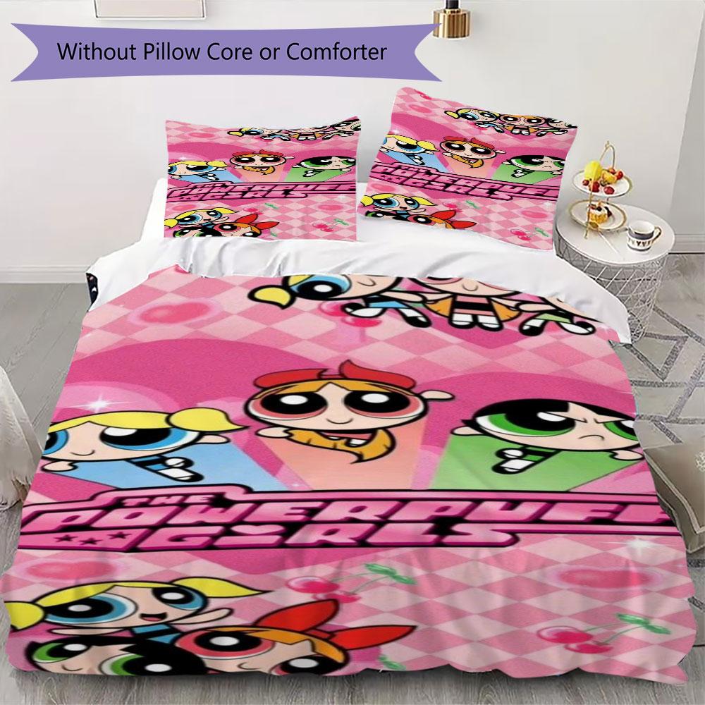 Cartoon Powerpuff Girls print children's duvet cover set, soft and skin-friendly, available in multiple sizes, bedroom bedding.