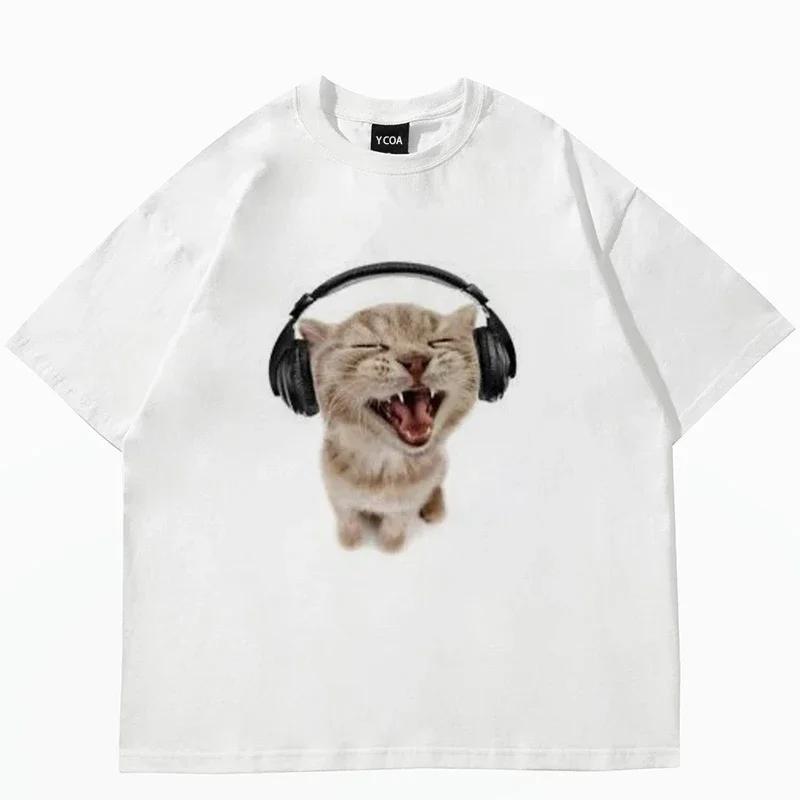 Top Women's Cute Cat Printed Short Sleeve T-shirt Women's Harajuku Fashion Couple Loose Street Style Y2K Clothing 2025