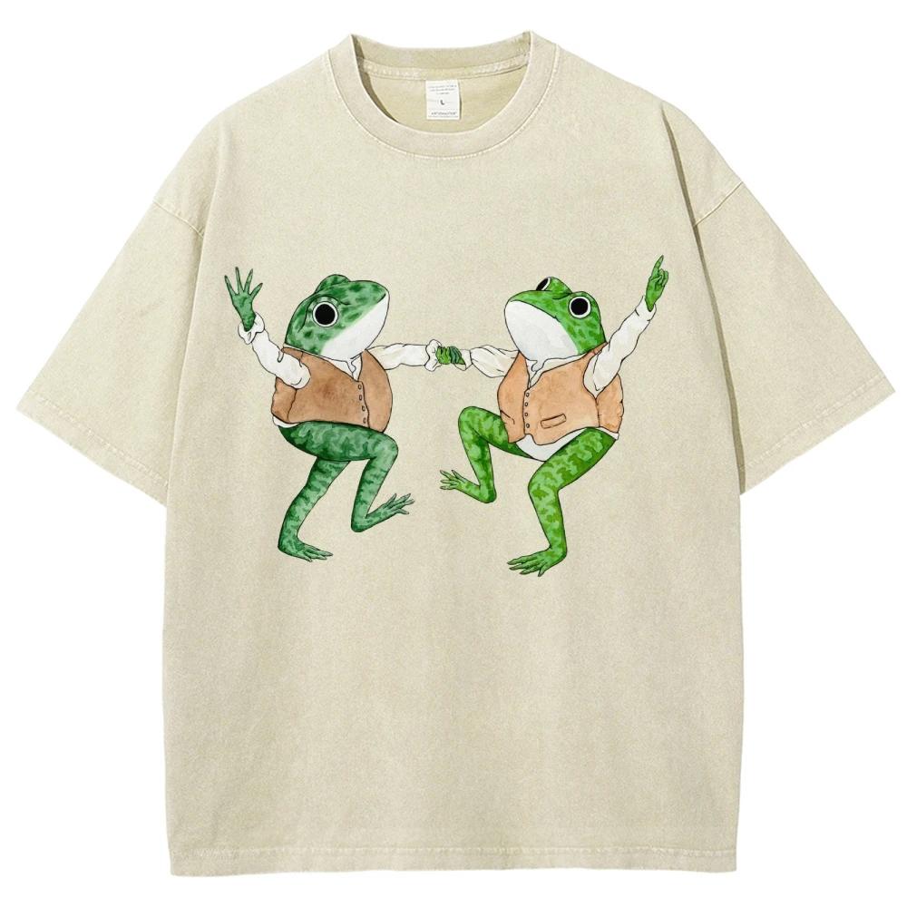 Women Tops Clothes Oversized Short Sleeves Two Dancing Frogs Print Overseas Export High Quality Shirt For Men Discount