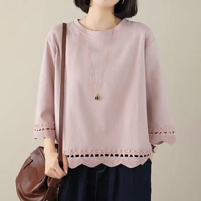 Пуловеры Женские Рукава три четверти Осень Зима Хлопковая Блузка Оверсайз Удобный Стрейч Однотонный Круглый Вырез Свободные Топы