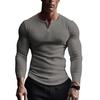 Spring Autumn Men Top Buttoned V Neck Slim Fit Stretchy Mid Length Tee Long Sleeves Pullover Sweatshirt for Home Sports Gym Street Wear