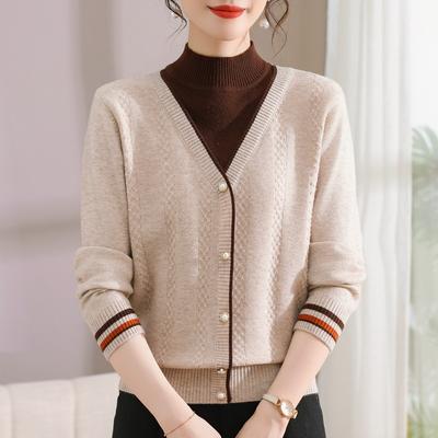 Мама Трикотажный свитер-двойка Осенне-зимний стиль Для среднего и пожилого возраста Новинка Топ Полувысокий воротник Утепленная женская базовая рубашка