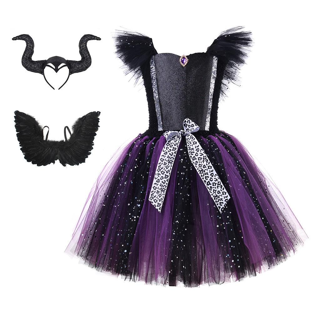 Halloween Dark Horned Witch Cosplay Dress, Black Sheer Mesh Girls Evil Queen Stage Outfit