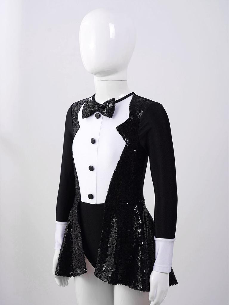 Девочки Леотард с пайетками Длинный рукав Круглый вырез Лоскутное шитье Дизайн на молнии Пайетки Шляпа федора Нарядный костюм