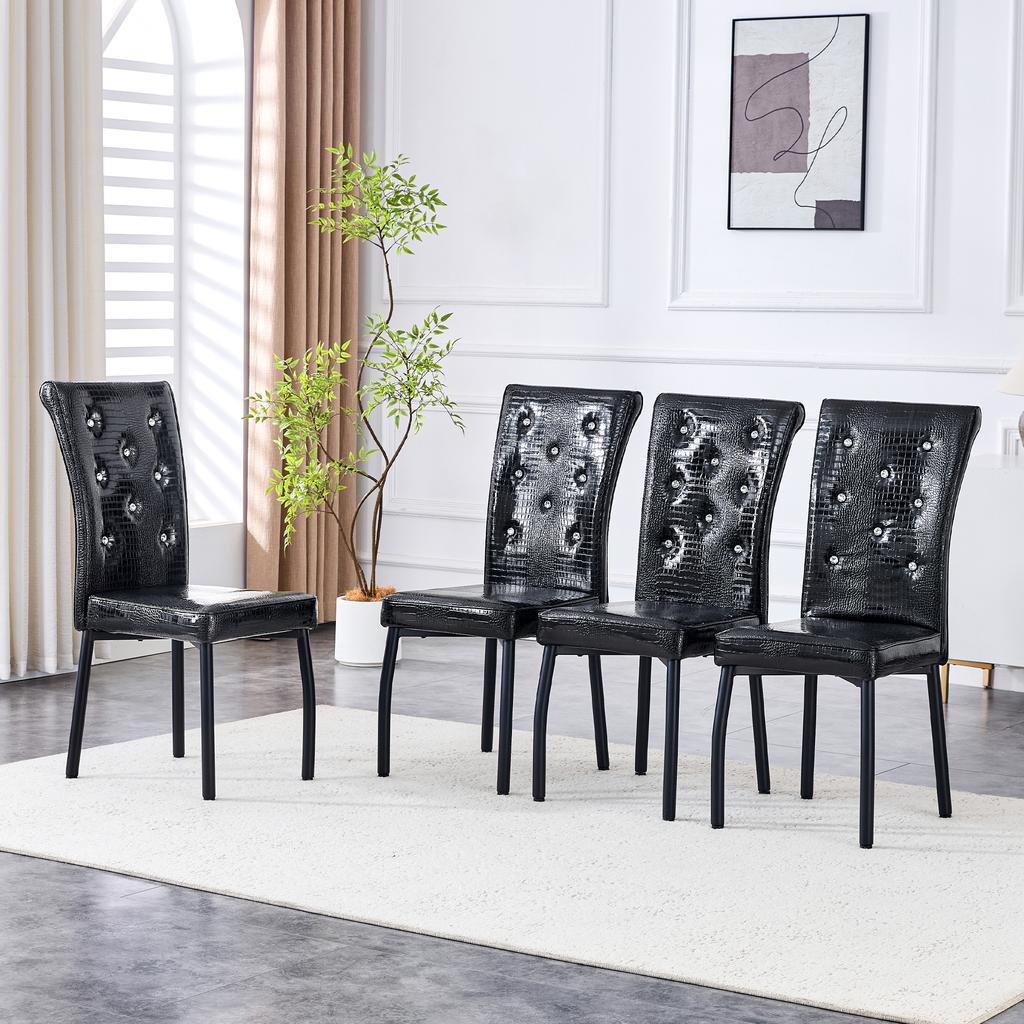 A Set of 2 Black Vintage Crocodile Leather Upholstered Dining Chairs, with Crystal Buckle and Faux Leather, Add Elegance and Mystery to Dining Area