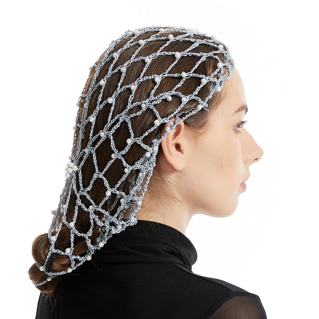 Elegant Handmade Crochet Snood Hair Net Turban Hat for Women with Pearl Bead Decoration Great for Weddings and Parties