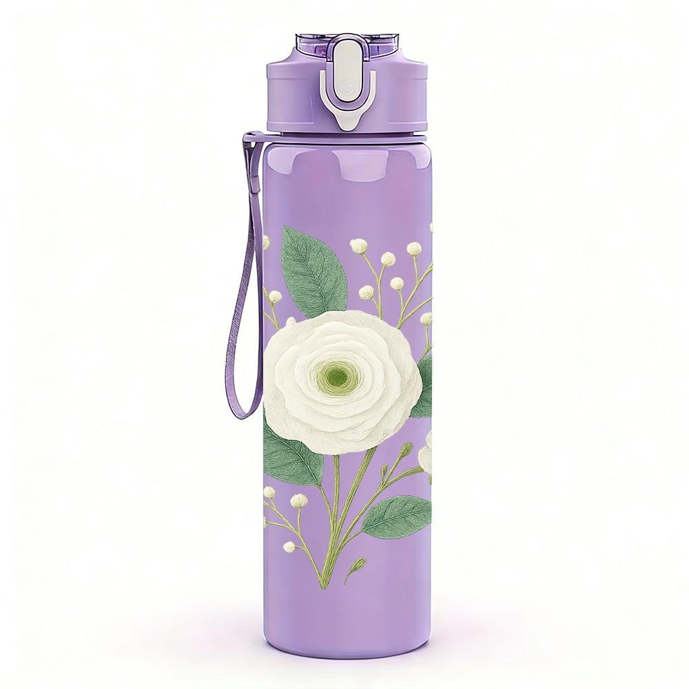 1PC Single White Peony Bloom 750ml Color Plastic Sports Water Bottle Leakproof Flip Straw Lid For Sports Office Home Use