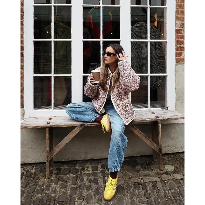 Зимние пальто Женская верхняя одежда Укороченная стеганая куртка Тренд Легкий цветочный принт Длинный рукав Утепленный стеганый кардиган Пальто