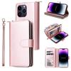 For iPhone 15 Pro Cases 9 Card Slots PU Leather Wallet Zippered Phone Stand Cover