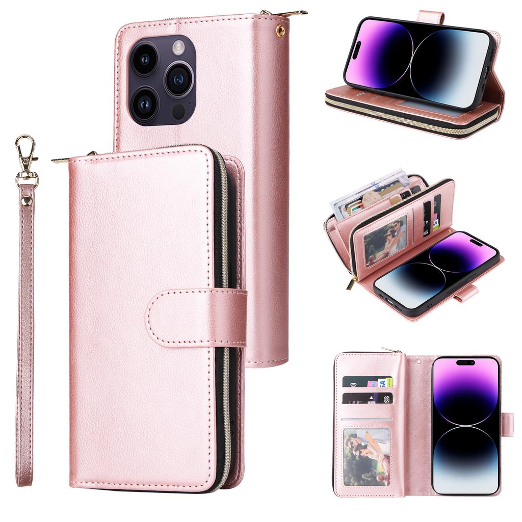 For iPhone 15 Pro Cases 9 Card Slots PU Leather Wallet Zippered Phone Stand Cover