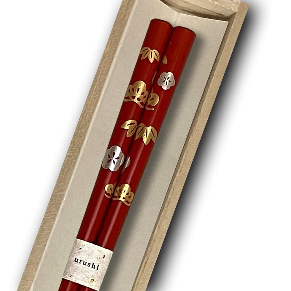 Hashimoto Kosaku Lacquerware Store Matsutake Ume Red Noto Hiba Urushi Chopsticks Lucky Item 1 Set Paulownia Box Wajima Made Japan 23cm Lightweight