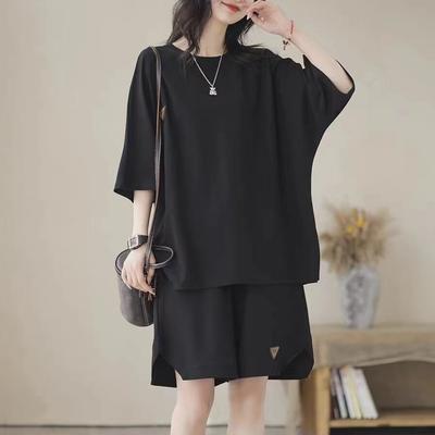 Женский летний комплект свободного покроя больших размеров, топ с коротким рукавом + шорты, повседневный удобный комплект из двух предметов