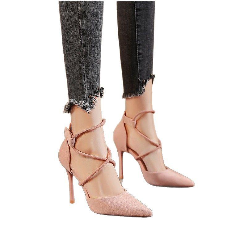 Sexy Pointed High Heels 2025 Spring New Fashion Cross-strap Single Shoes Suede Thin Heels Shallow Mouth Women's Shoes