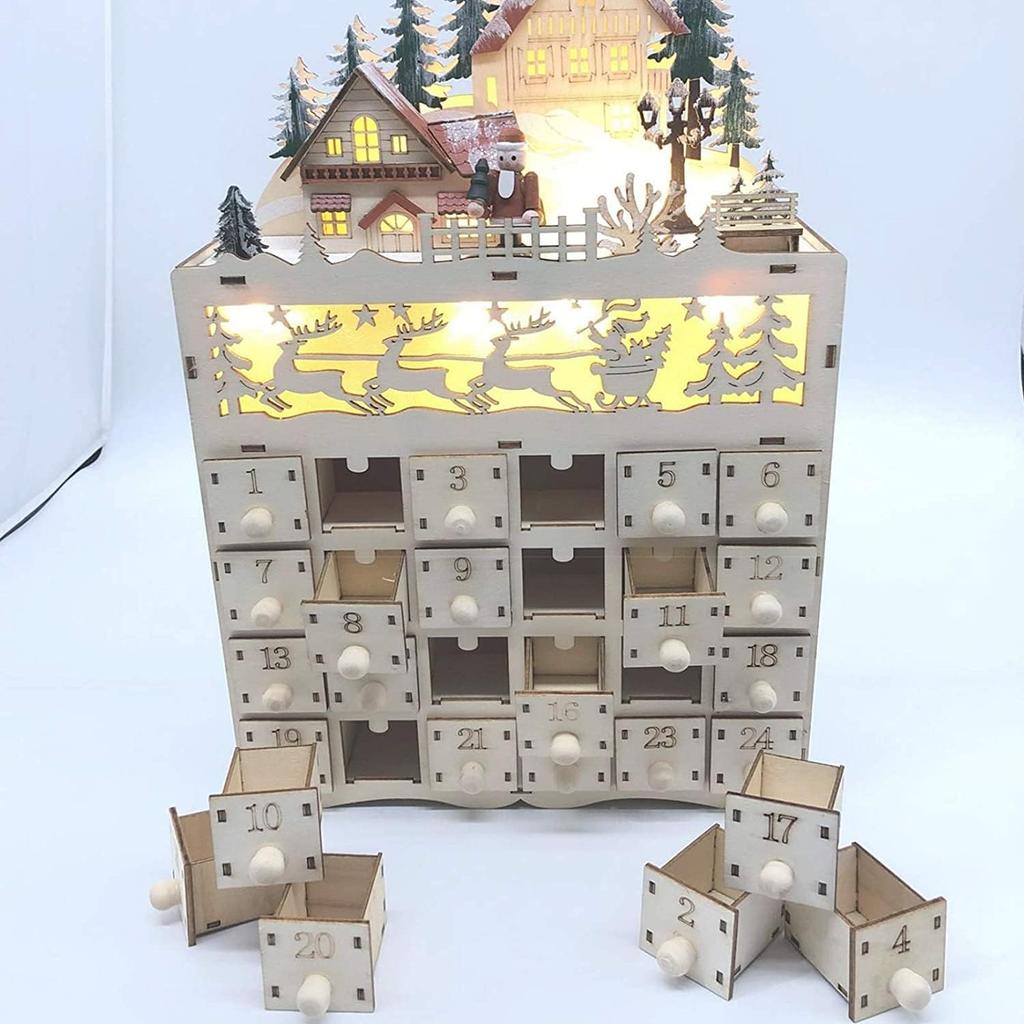 Wooden Christmas Calendar Countdown for Christmas LED Decoration 24 Drawers LED Light