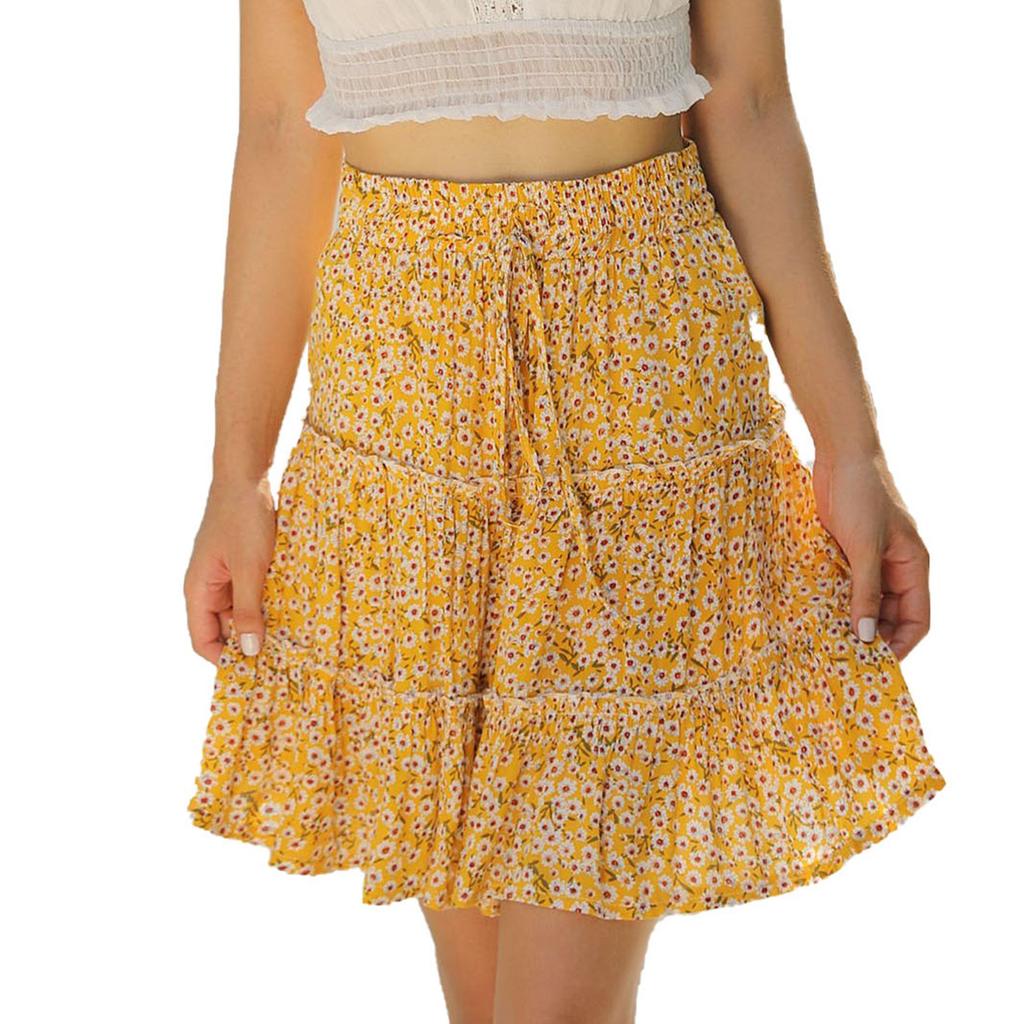 Женская полуюбка с высокой талией и рюшами и цветочным принтом, пляжная короткая юбка трапециевидной формы