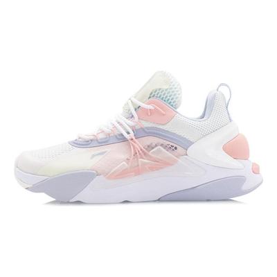 Li Ning Обувь спортивная повседневная с амортизацией Fire, противоскользящая, износостойкая, низкая посадка, женская, бело-розовая AGLQ058-2